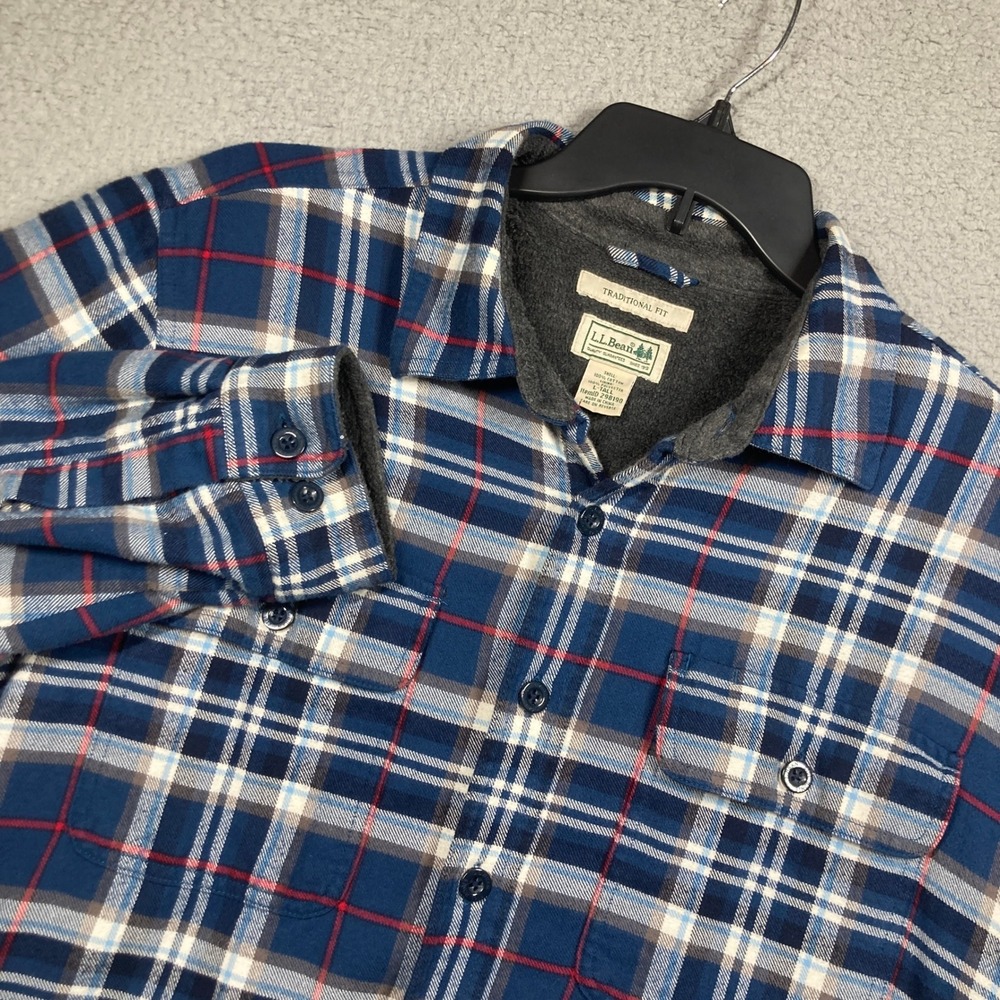 LL Bean Shirt Jacket Mens L Tall Blue Plaid Fleece Lined Flannel Shacket FLAW